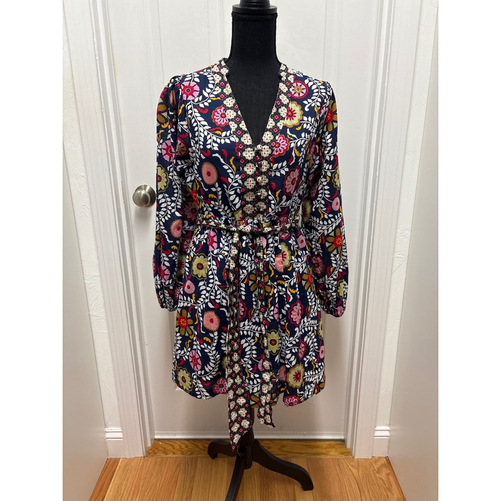 Boden Navy Blue Floral Cotton V-Neck Mini Dress Long Sleeve Belted Turkey D0098